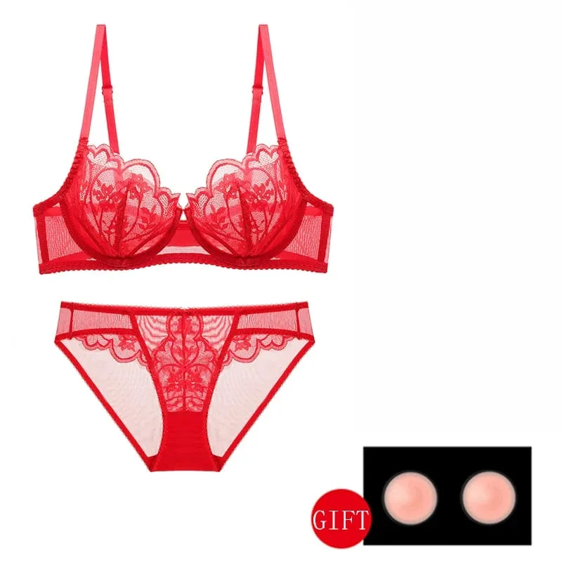 White Lace Transparent Sexy Bra at Panty Sets Plus Size D E Cup Floral Mesh Pambabae Underwear Red Bras Lingerie Set Para sa mga Babae — image 4