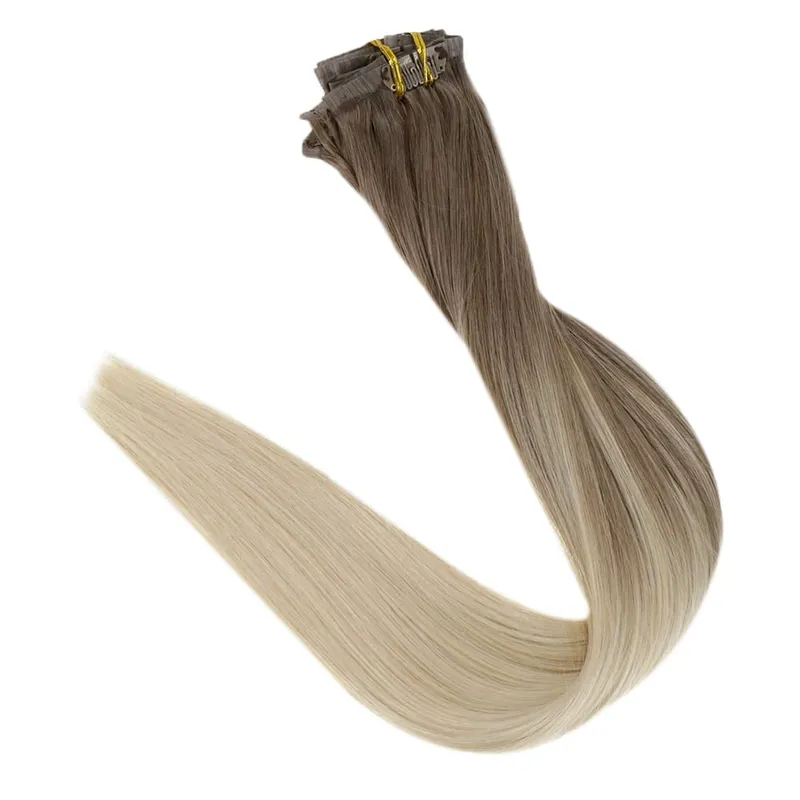Plný lesk Bezešvé Neviditelné Clip In prodloužení Lidské vlasy 8 ks 120 g Remy Balayage blond barva — image 9