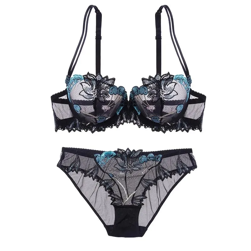 Sexig bh och trosa för kvinnor utan vadderad osynlig bygel-bh-set Spets Broderade trosor Underkläder Underkläder Set Plus Size 90D — image 4