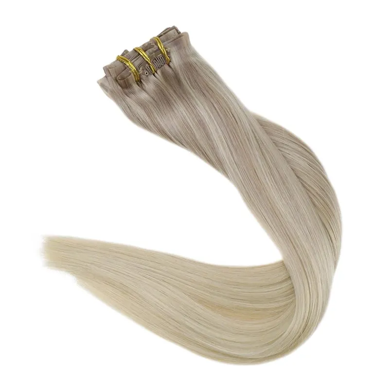 Plný lesk Bezešvé Neviditelné Clip In prodloužení Lidské vlasy 8 ks 120 g Remy Balayage blond barva — image 10