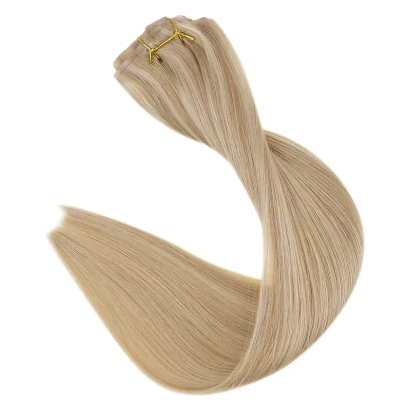 Plný lesk Bezešvé Neviditelné Clip In prodloužení Lidské vlasy 8 ks 120 g Remy Balayage blond barva — image 15