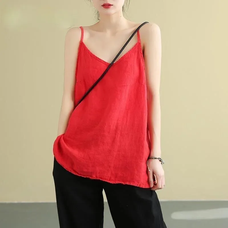 Women's Summer Top Cotton Linen Spaghetti Strap Top Women Halter V Neck Basic Yellow Sleeveless Tank Tops Loose Casual Camis — image 5