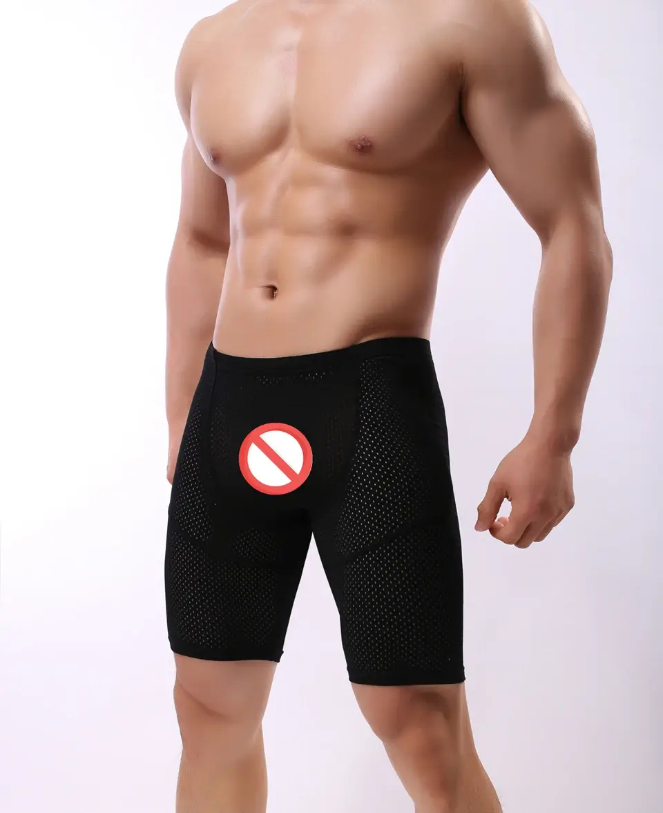 Homens de fitness longo boxer roupa interior malha respirável boxer shorts perna longa troncos sexy bolsa correndo cuecas — image 1