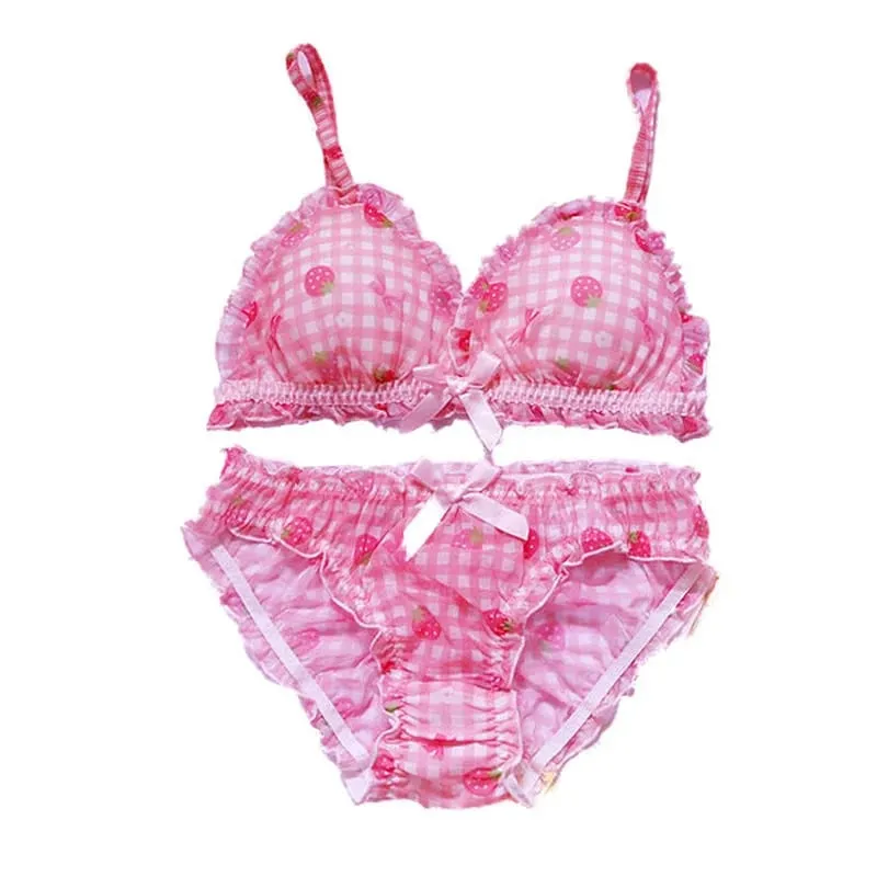 Cute Japanese Bras Briefs Underwear Set Lolita Girl Pink Plaid Flower Mesh Sexy Strawberry Print Bra & Panties Lingerie Set — image 5