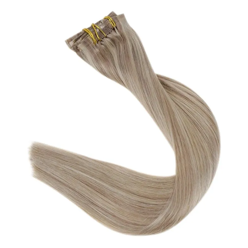 Plný lesk Bezešvé Neviditelné Clip In prodloužení Lidské vlasy 8 ks 120 g Remy Balayage blond barva — image 8