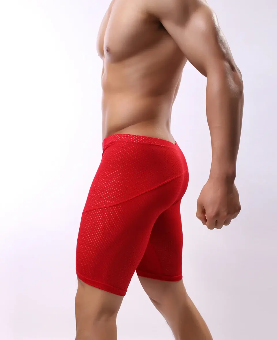 Homens de fitness longo boxer roupa interior malha respirável boxer shorts perna longa troncos sexy bolsa correndo cuecas — image 14