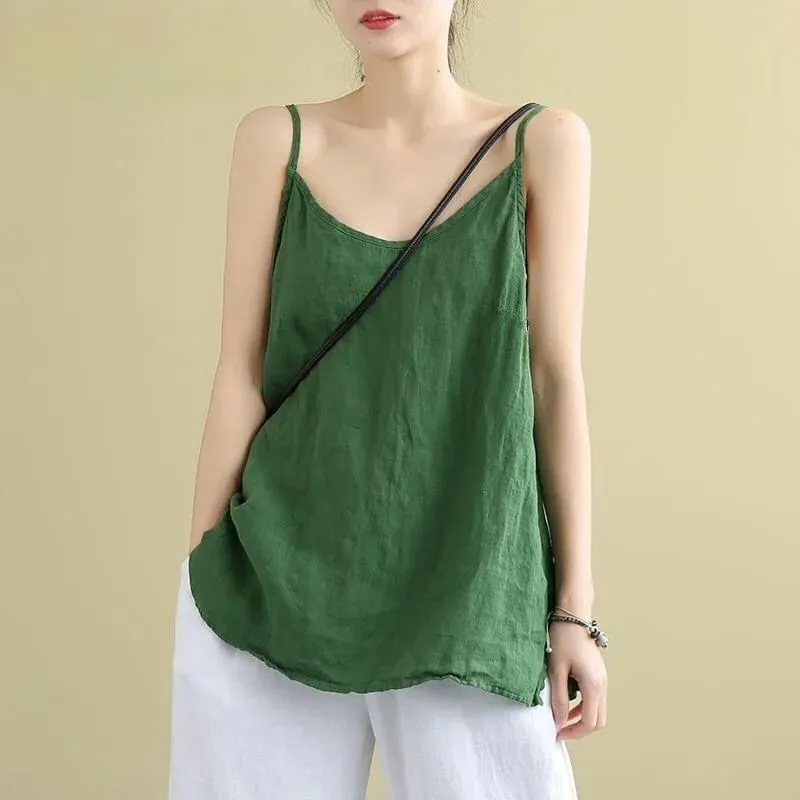 Women's Summer Top Cotton Linen Spaghetti Strap Top Women Halter V Neck Basic Yellow Sleeveless Tank Tops Loose Casual Camis — image 9