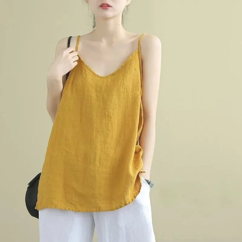 Women's Summer Top Cotton Linen Spaghetti Strap Top Women Halter V Neck Basic Yellow Sleeveless Tank Tops Loose Casual Camis — image 10
