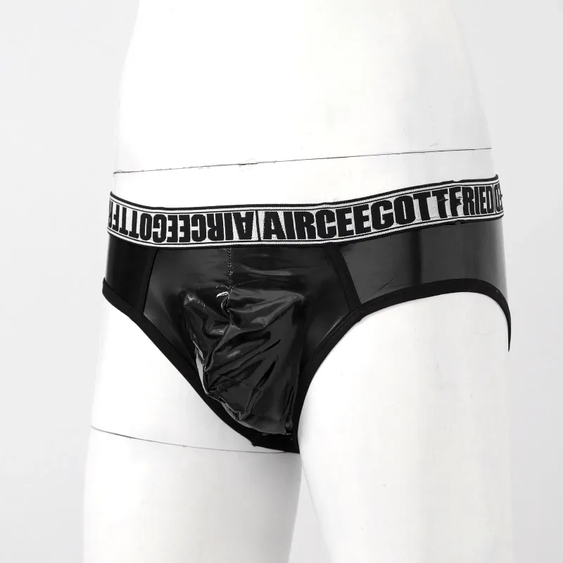 Homens de couro falso breve cuecas sexy olhar molhado cintura baixa bulge bolsa calcinha roupa interior maiô banho shorts — image 10