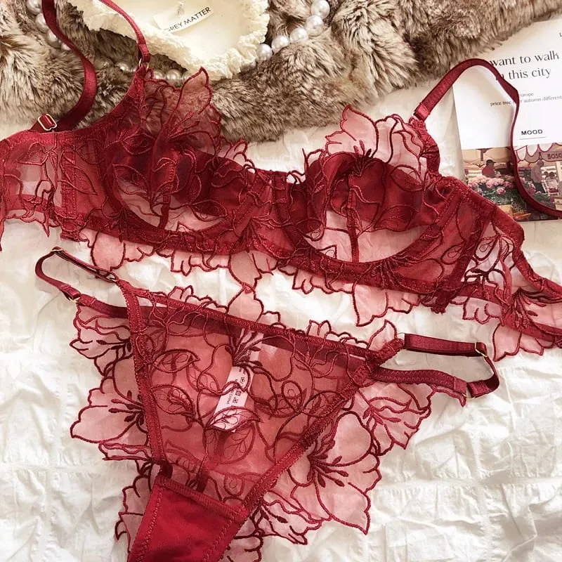 Französisch Unterwäsche Set Sexy Spitze Blumen Stickerei Bh Set Frauen Dessous Sommer Ultra Dünne Atmungsaktive Bralette Dessous Höschen