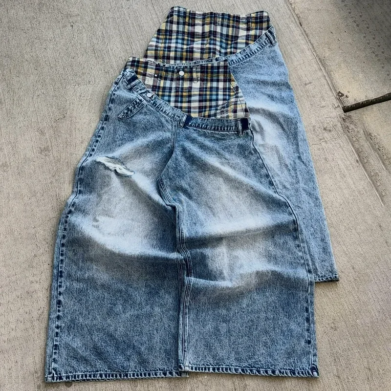 Y2k Harajuku Baggy Jeans Retro Plaid Patchwork Men And Women Wide Leg Pants American Hip Hop Streetwear Casual Jeans — image 6