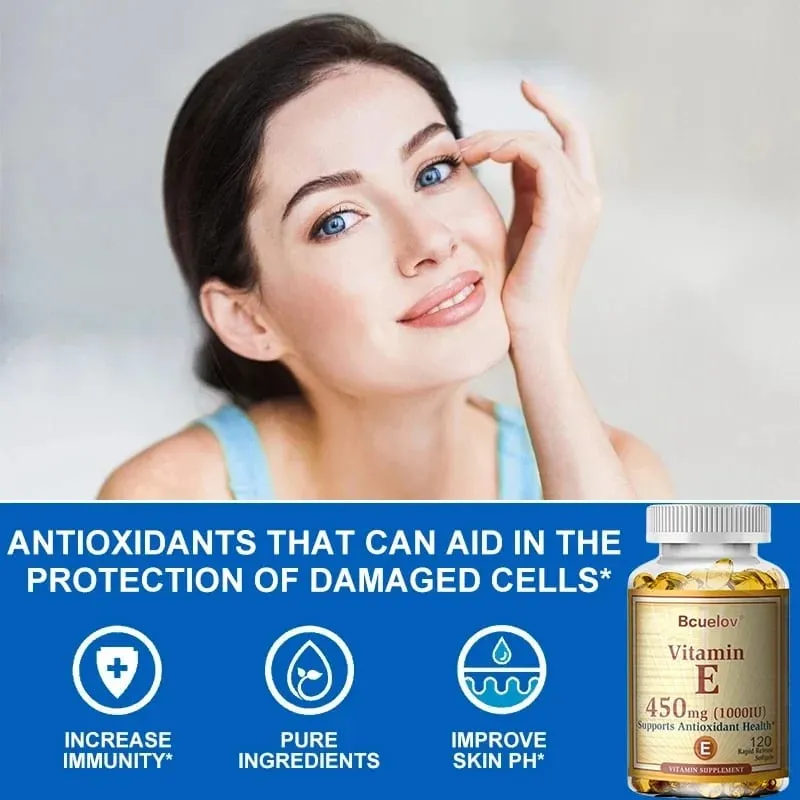 Bcuelov Vitamin E 450MG (1000 IU) Mixed Sinusuportahan ang Immune System at Skin Nutrition - Natural Antioxidant - Gluten at Dairy Free — image 4