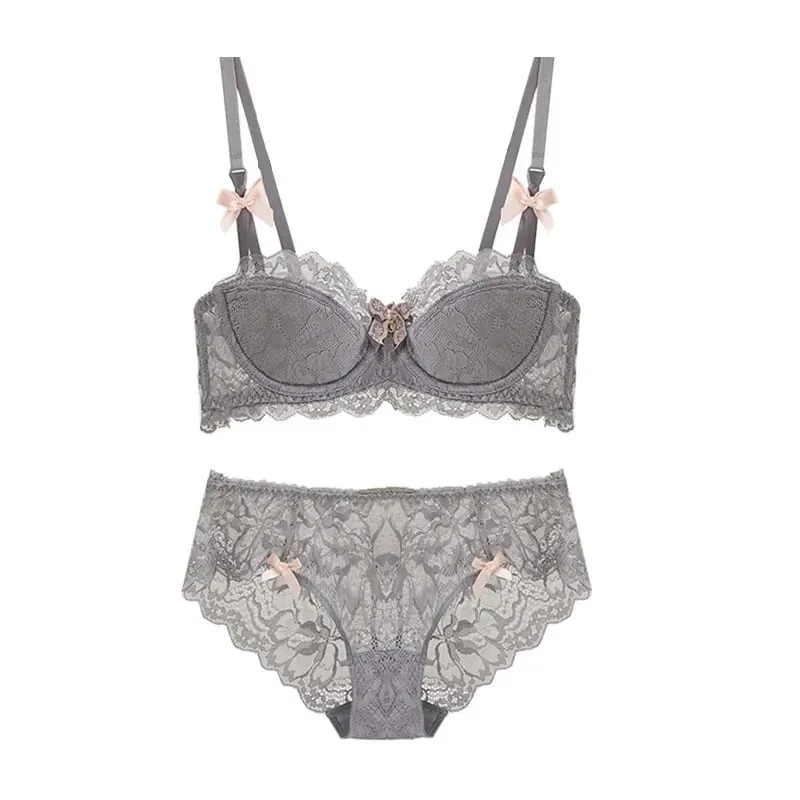 Modest French Pure Desire Bralette AB Cup Full Coverage Lace Bra & Set Small Bust Push Up Wireless for Chubby Girl Bow Plus Size — image 2