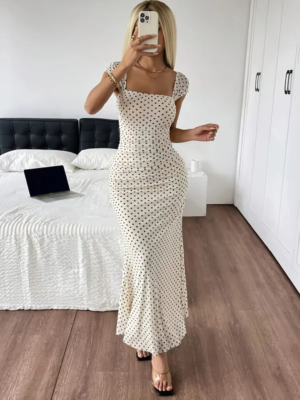 Elegant Lady Polka Dot Print Knitted Long Dress with Square Collar Tight Mermaid Skirt And Split Design for Women