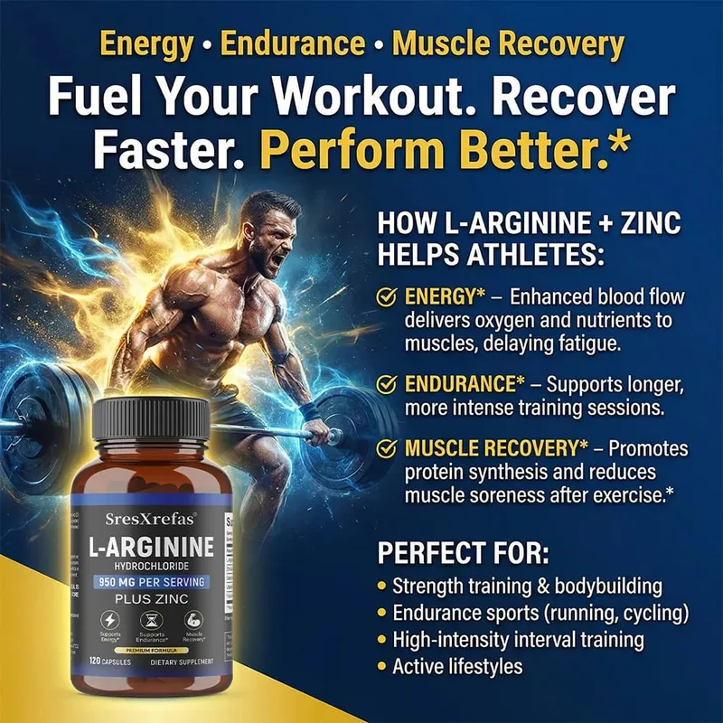 Men's L-Arginine 950mg Capsules - Supports Blood Circulation Workout Endurance & Muscle Growth Mercury for Adult 120 Capsules — image 6