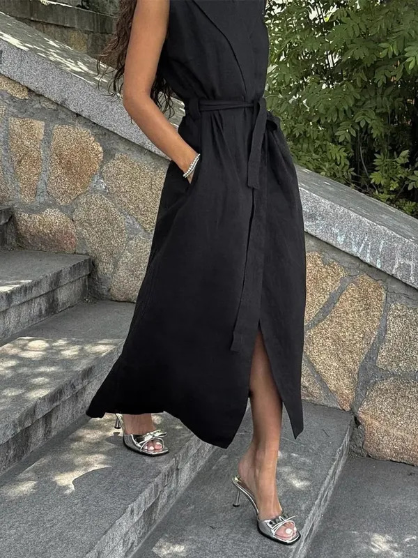 Bornladies 2026 Spring Summer New Women's Sleeveless Shirt Dress Elegant Casual Collared Tie-Waist Fitted Maxi Dress — image 6