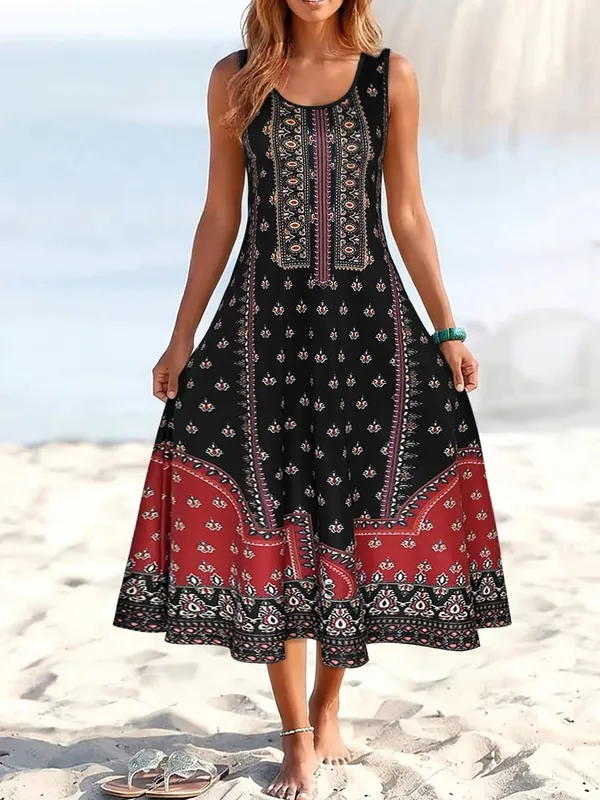 Women's Tribal Print Sleeveless Midi Dress Round Neck Loose A Line Casual Sundress Summer Beach Boho Vacation Dress
