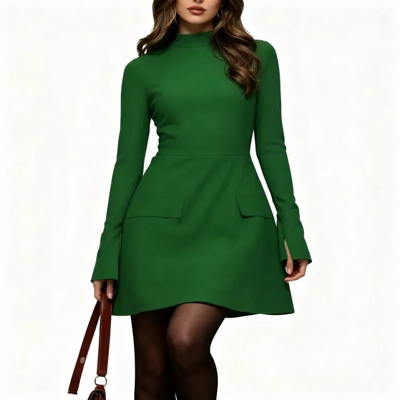 2026 Women Solid Mock Neck Split Flare Long Sleeve Mini Dress Pocket Design A‑Line Elegant Work Party Short Dress