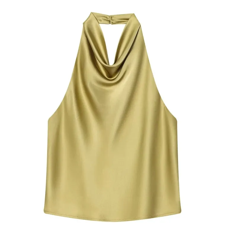 Women's Tanks Halter Top Women Sleeveless Green Crop Tops Summer Satin Party Evening Top Backless Sexy White Black Top — image 15