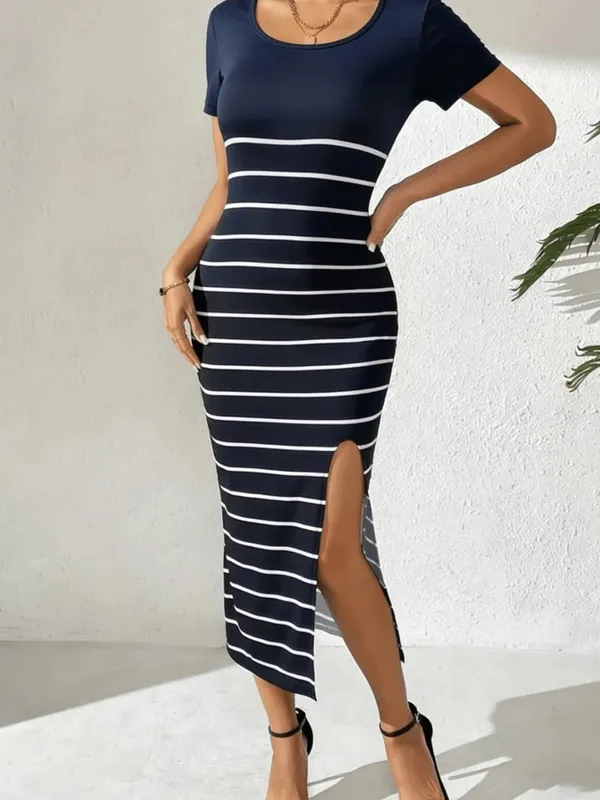 Women's Casual Elegant Comfortable round Neck Short Sleeve Solid Color Dress with Horizontal Stripe Slit Long Skirt