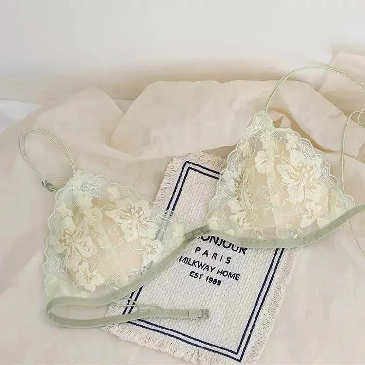 French Triangle Cup Bralette Embroidered Lace Wireless See Through Hollow Out Sexy Pure Desire Lingerie Set MOYISU Sexy Tushy — image 10