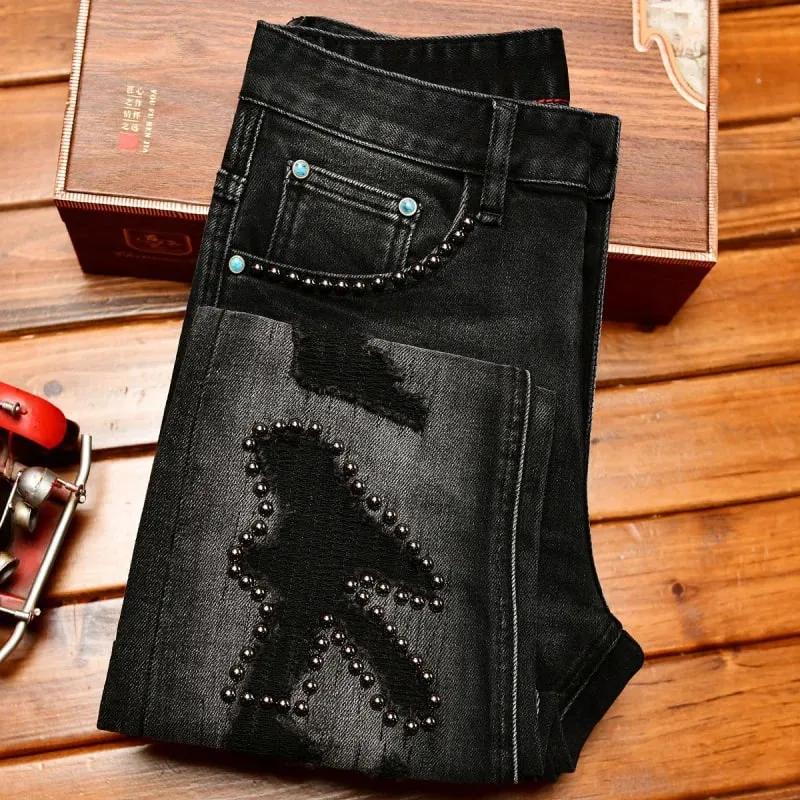 Metal Decor Design Black Jeans Men Trendy Ripped Fashion Retro Nostalgic Street Slim Fit Skinny Pants — image 6