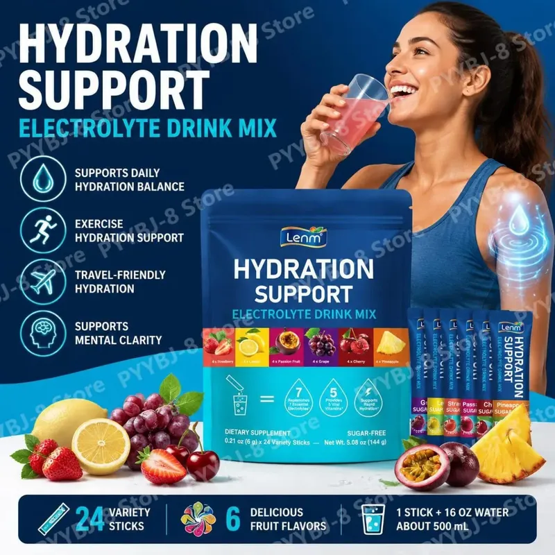 Lenm Electrolyte Drink Mix Powder with 7 Electrolytes and 5 Vitamins Sugar-Free Vegan Travel Hydration Support 24 Sticks