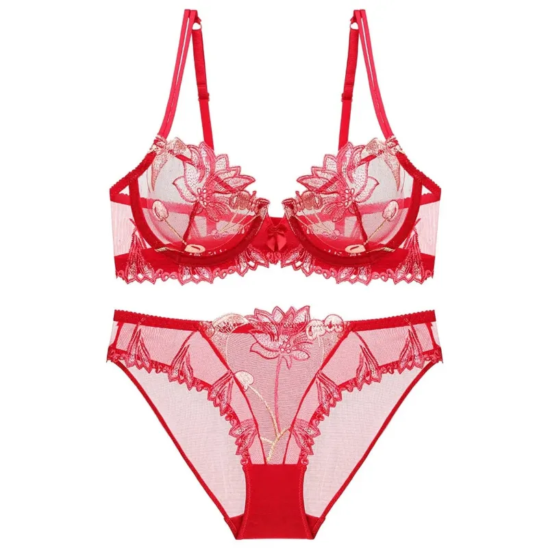 Sexy Lace Flowers Embroidery Bra Set Ultra Thin Breathable Steel Ring Bralette Lingerie French Underwear Set70-90 B C D — image 8