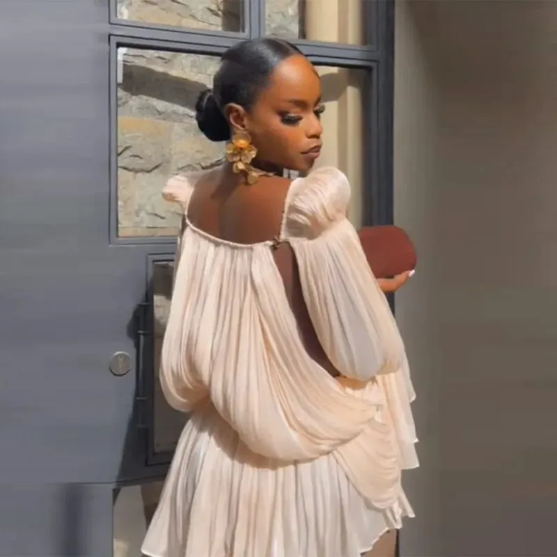 Satin Off-Shoulder Pleated Mini Dress for Women Fashion Puff Sleeve Cinched Waist Prom Party Skirt 2026 NEW Spring Lady Dresses — image 3