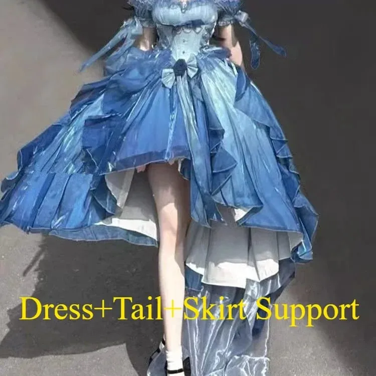 Dophee Original Lolita Trailing Puffy Dress Kvinnor Kort Fram Lång Baksida Prinsessan Blå Blomma Bröllopsklänning Elegant Off Shoulder — image 7