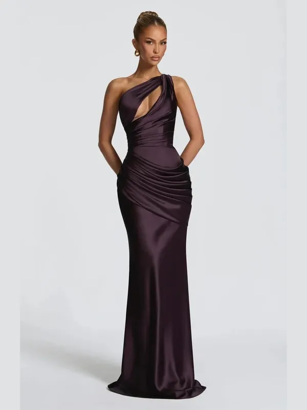 Satin One Shoulder Cutout Long Dress Women Elegant Solid Ruched Mermaid Slim Fit Flowy Vestido 2026 Lady Summer Evening Dresses — image 7