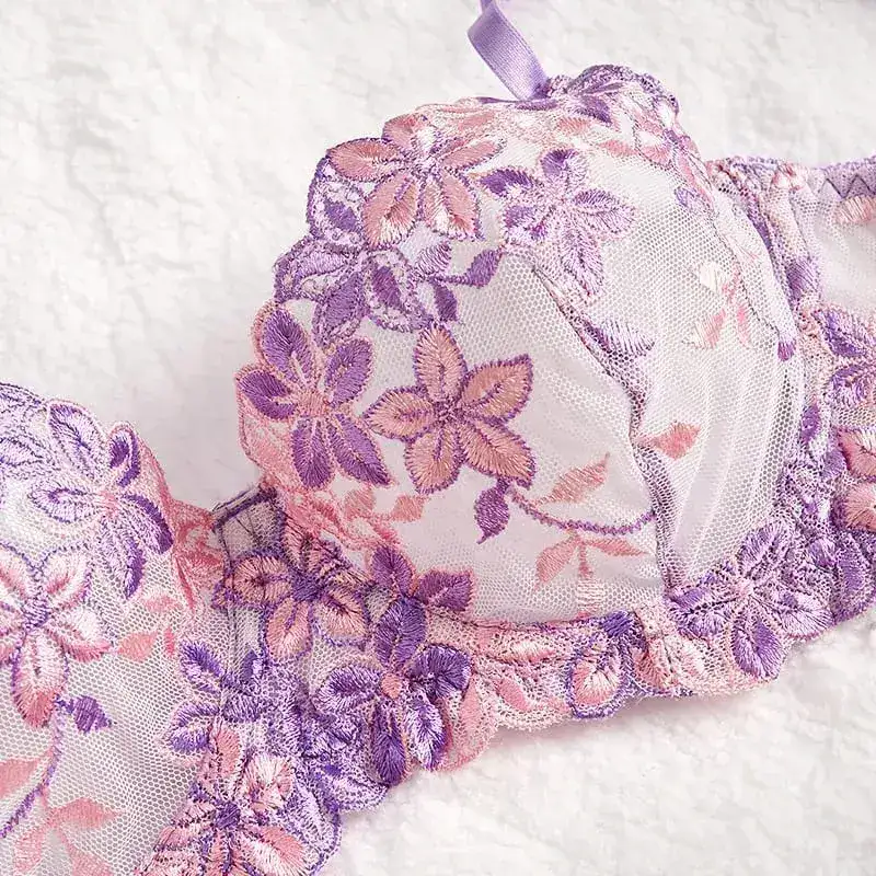 Purple Sexy Lingerie for Women Sets Lace Embroidery 2 Piece Underwear Set Sheer Mesh Bra and Panty Set with Underwire — image 3