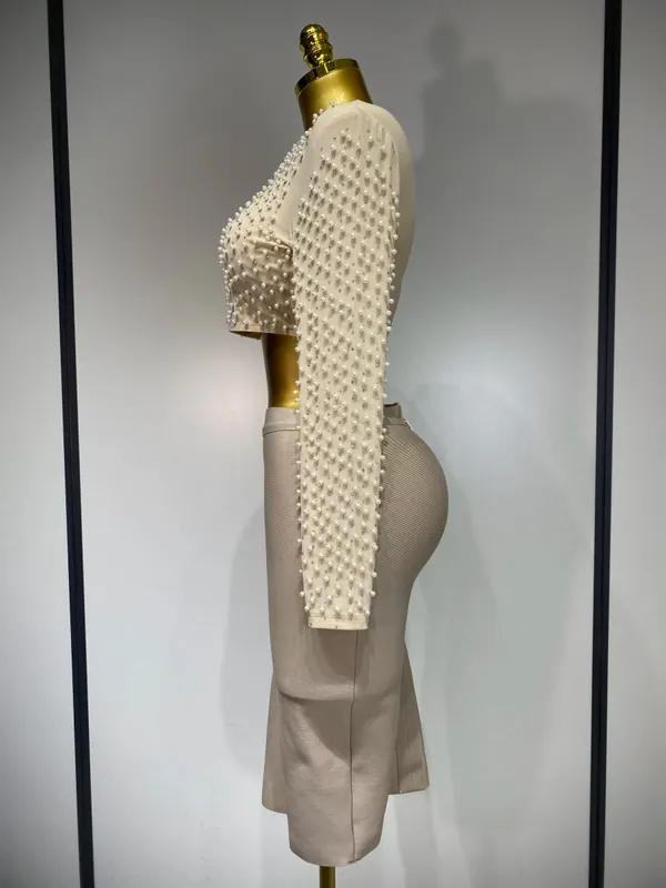 Kvinnor Sexig Långärmad Mesh Pearl Top Kändis Midi Kvinnor Bandage Set 2025 Designer Evening Party Lyx Födelsedag Tvådelad Set — image 3