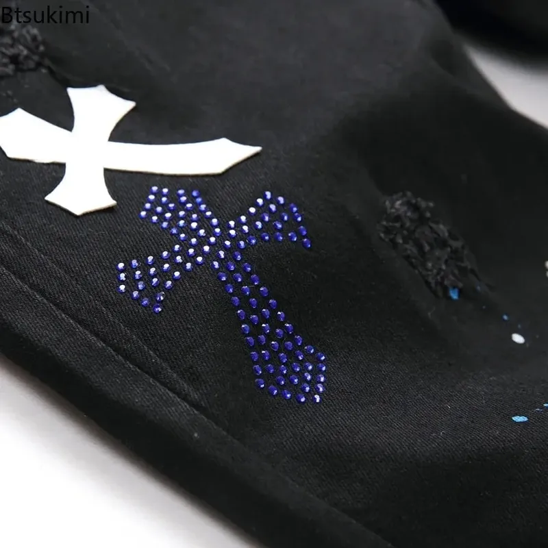 2026 New Men's Fashion Crystal Cross Stretch Denim Jeans Holes Ripped Distressed Black Pants Embroidery Slim Tapered Trousers — image 6