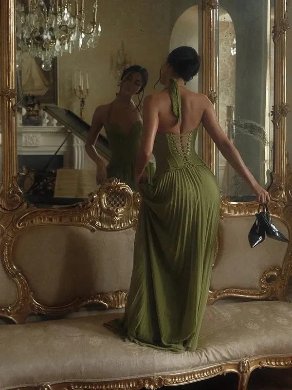 Green Chic Corset Halter Long Dress Women Solid Backless Off Shoulder Pleated Patchwork Slim Dresses 2026 Lady Party Gown New — image 6