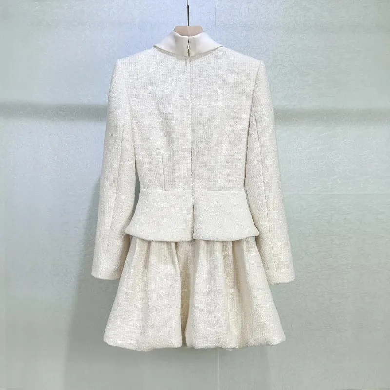 2026 Spring New Arrival Tweed Stand Collar Long Sleeve Faux Two-Piece Tulip Dress - High-Quality Fashionable Elegant Mini Skirt — image 4