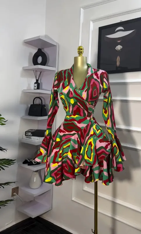 Feminino tie dye print alargamento manga longa envoltório com decote em v com faixas plissado vestido 2026 elegante férias festa de aniversário vestidos — image 6