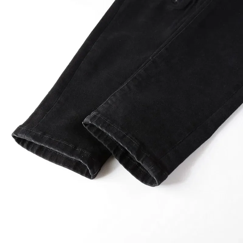 Homens plissados remendo motociclista jeans streetwear magro cônico estiramento denim calças rasgadas retalhos preto — image 6