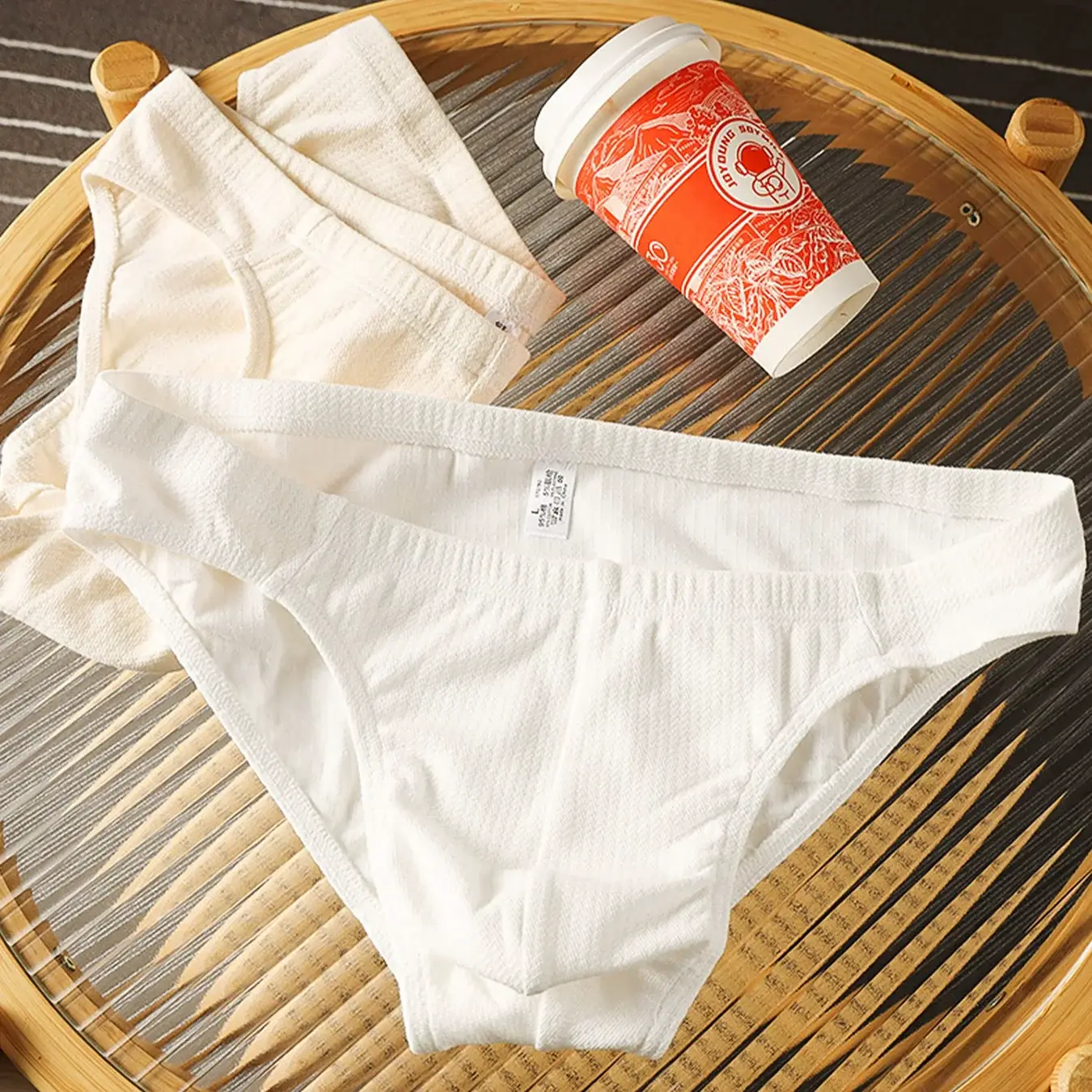 3-Piece Men's Low-Waist Cotton Textured Briefs Set - Minimalist Solid-Color Underwear (Beige/White/Light Gray) — image 3