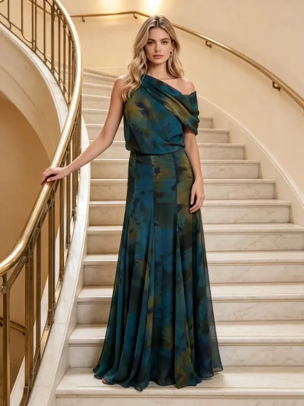 Pambabaeng Elegant Asul na Watercolor Print Maxi Dress Walang Manggas Cowl Neck Satin Formal Evening Gown A-line Floor Length Party Dress — image 6