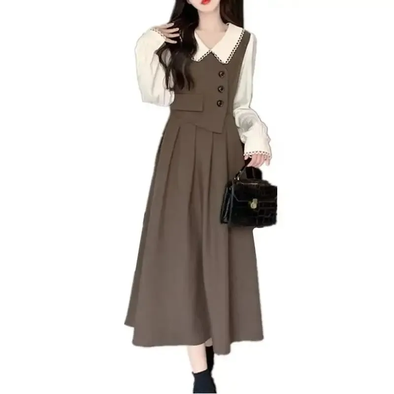 Women Dresses 2026 patchwork fake two-piece long-sleeved baby collar high quality design autumn elegant long dress vestidoes — image 5