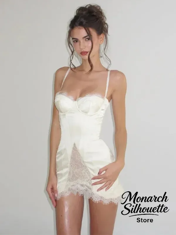 Sólido cetim renda espartilho mini vestido feminino sexy cinta de espaguete puro painel fino ajuste vestidos curtos 2026 na moda senhora noite fora wear — image 5