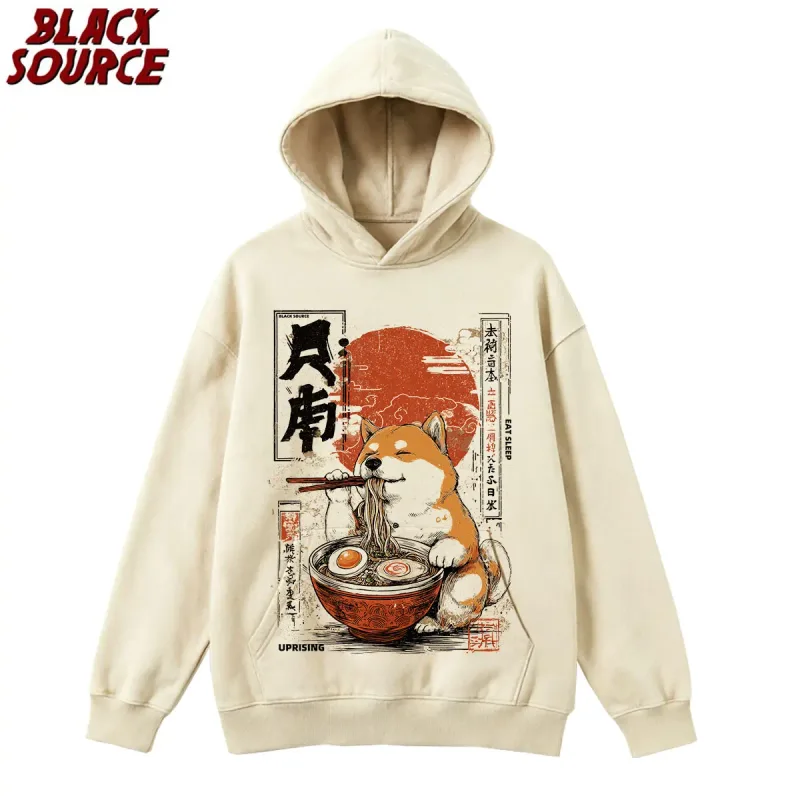 T395 Kawaii Shiba Inu Eating Ramen Hoodie, Dog Lover Gift Pullover Sweatshirt, Cute Graphic Design Casual Mens Clothing
