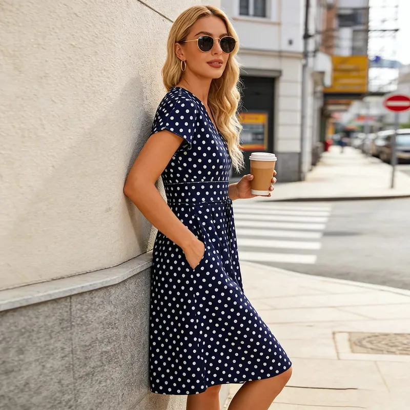 Women's V-Neck Wrap Dress with Pockets Short Sleeve Polka Dot Casual Summer Dress — image 3