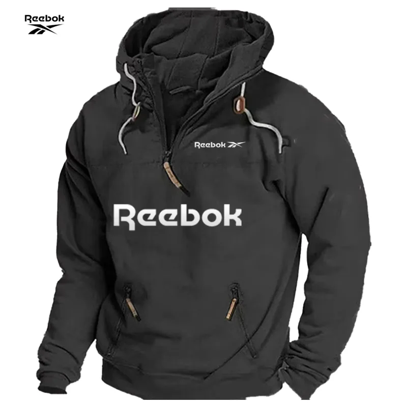 Reebok Men's Spring/Autumn Hooded Sweatshirt, Retro Sports Style, Loose Casual Top, Solid Color with Multiple Zippers Design — image 1