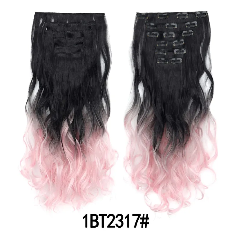 Grampo em extensões de cabelo 6 pçs peruca 20 Polegada longo ondulado sintético grosso trama dupla cabelo para mulheres cor gradiente uso diário — image 12