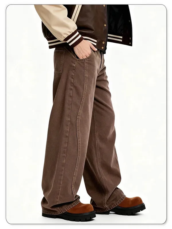 American Retro Men's Brown Casual Baggy Wide Leg Jeans Korean Cartoon Elephant Embroidery Loose Wide Leg Denim Pants Unisex — image 6