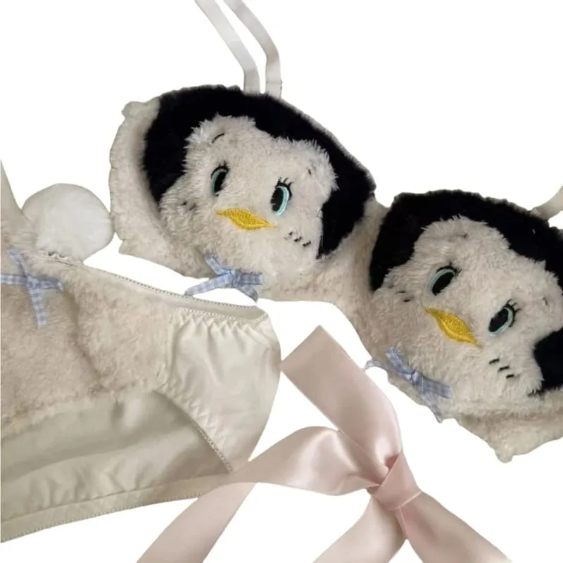 Conjunto de calcinha e sutiã de pelúcia peludo feminino, estampa de panda de desenhos animados, lingerie de inverno, menina escolar, anime japonês, roupa íntima cosplay — image 8