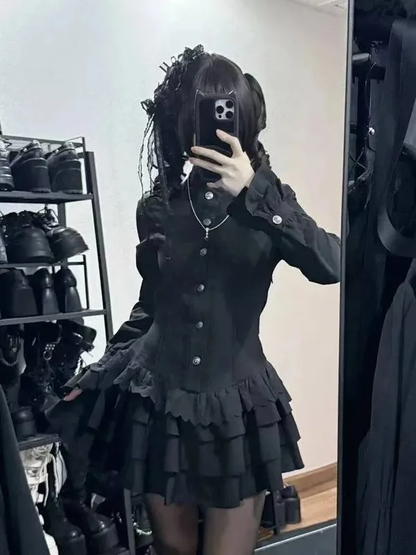 Gothic Vintage Spets Y2k Mini Klänning Dam Design Streetwear Svart Lolita Slim Klänning Långärmad Elegant Klänning Spicy Girls — image 5