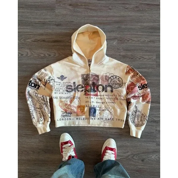 เสื้อแจ็คเก็ตซิปHoodie Apricotพิมพ์ตัวอักษรการ์ตูนแฟชั่นRetro Y2K High Streetผู้ชายและผู้หญิง